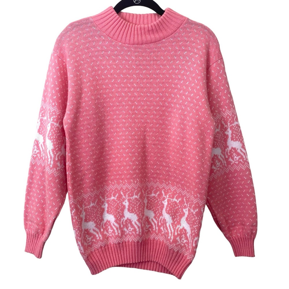 VTG Pink Holiday Print Acrylic Made In The USA Sweater